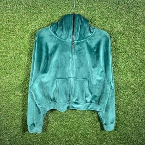 Victorias Secret Velour Zip Up Hoodie Emerald Green Back Logo Cropped Womens L